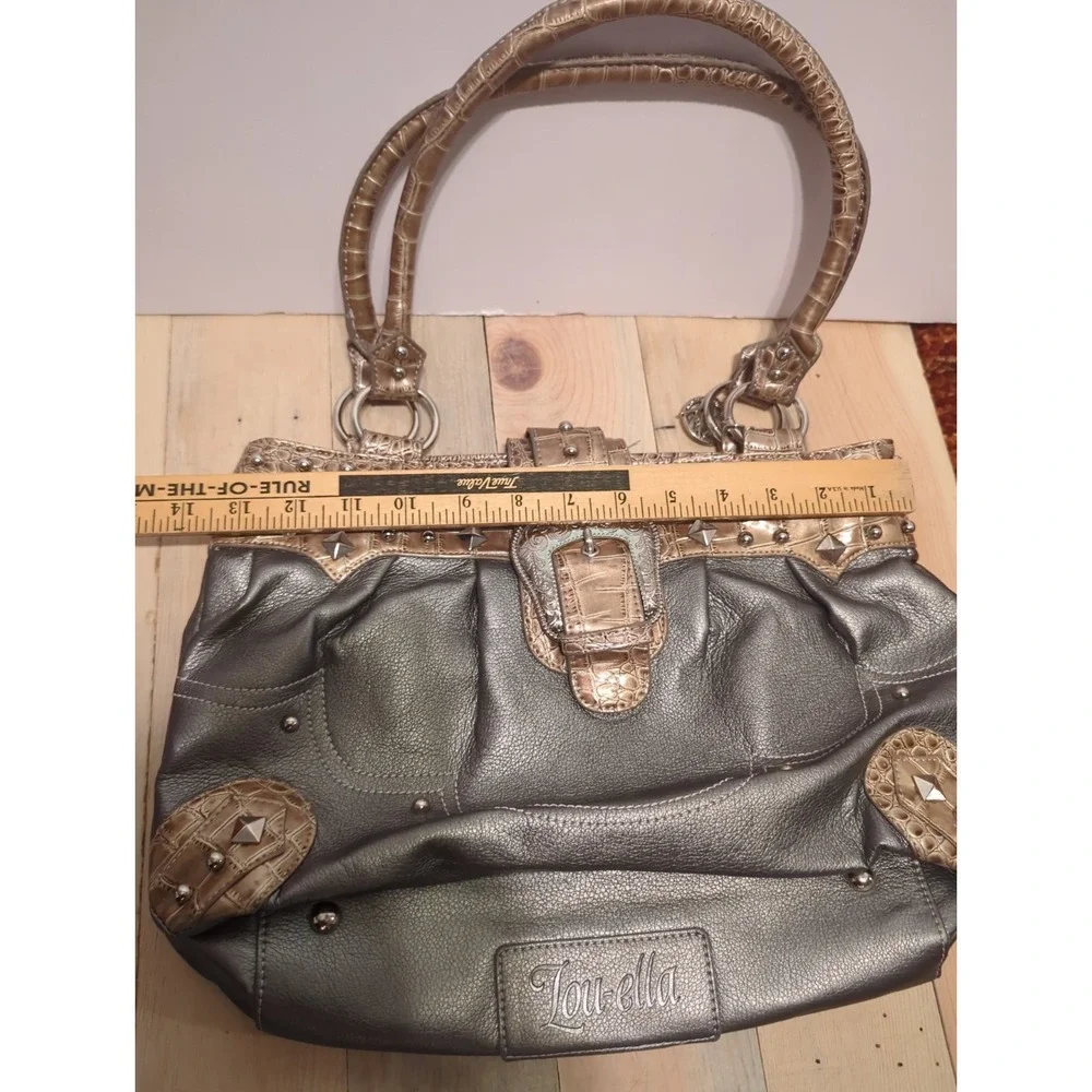 Vtg Y2K Lou-Ella Silver Croc Satchel Bag Studded Buckle Moto Boho slouchy Bling